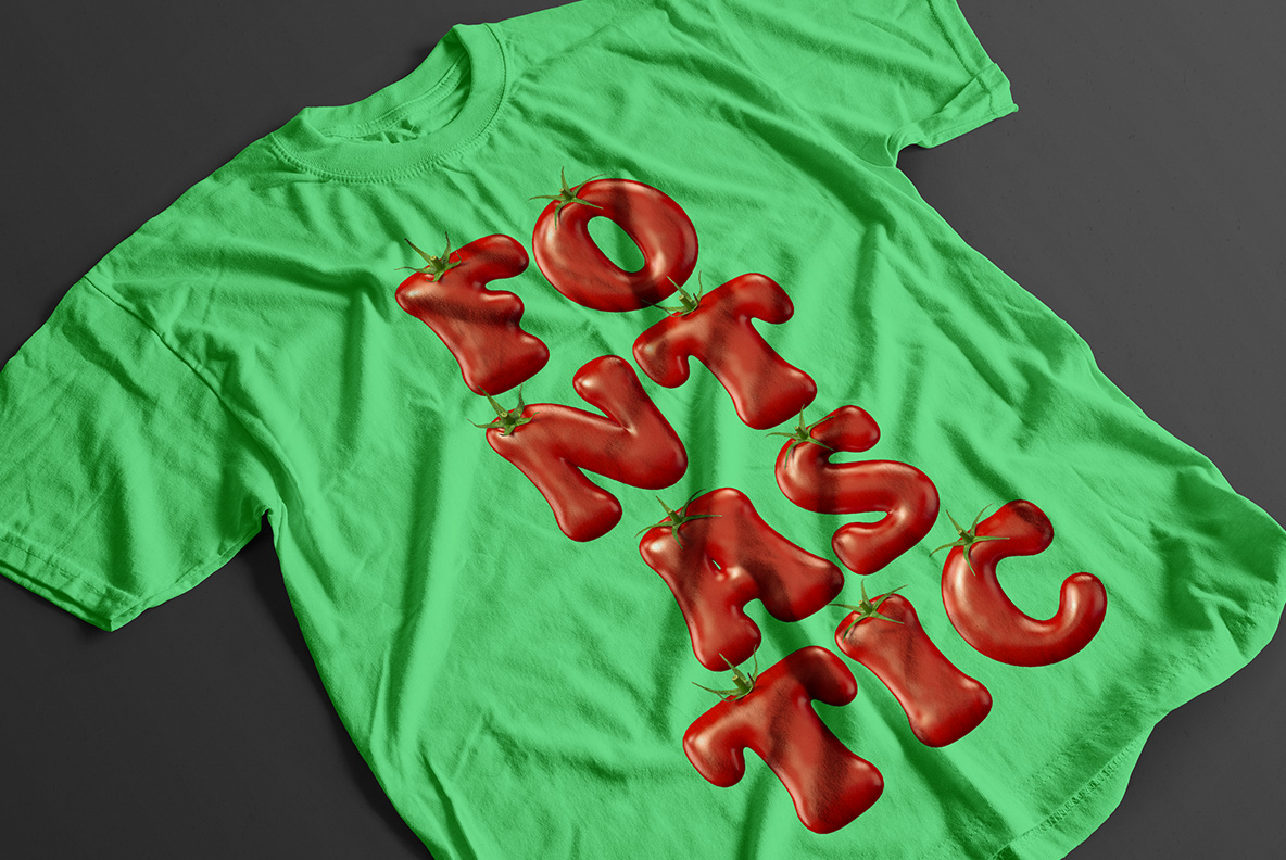 Tomato Red Font on a green t-shirt Bright green t-shirt printed with a word set in the Tomato Red Font