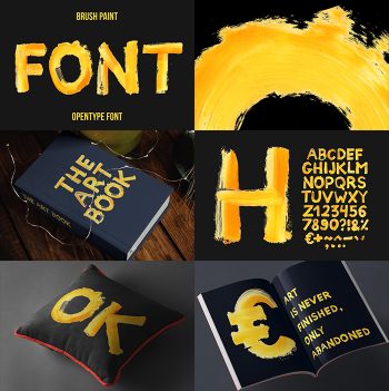 Grid of mockups showing the Brush Paint Font on books, posters and a cushion