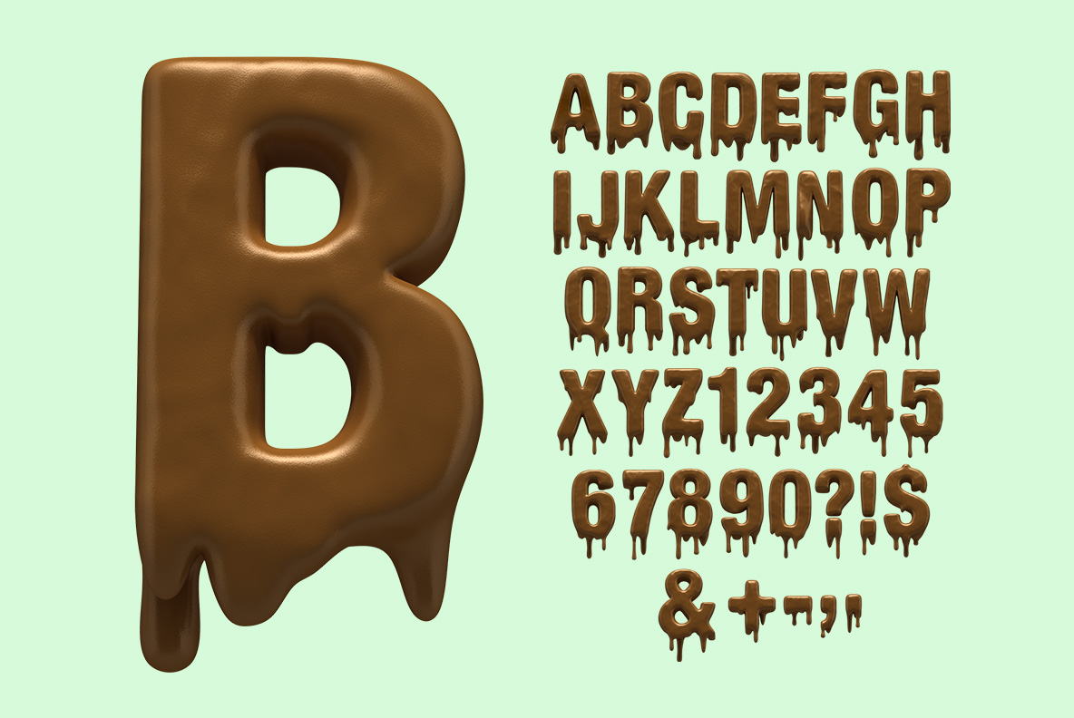 Choco Font letter B with character set Letter B of the Choco Font beside its full character set on mint