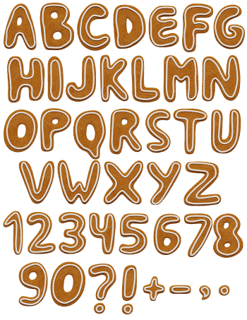 Full alphabet and numerals of the Christmas Cookie Font in iced gingerbread