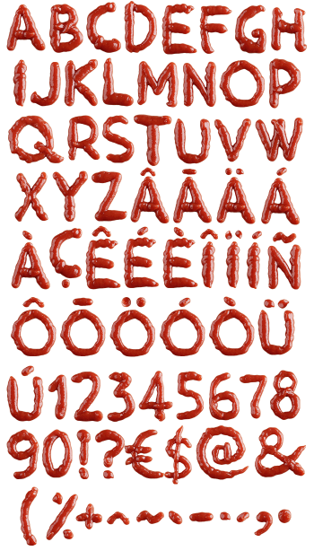 Fresh Ketchup Font full alphabet, numbers, and accented characters in glossy squeezed ketchup