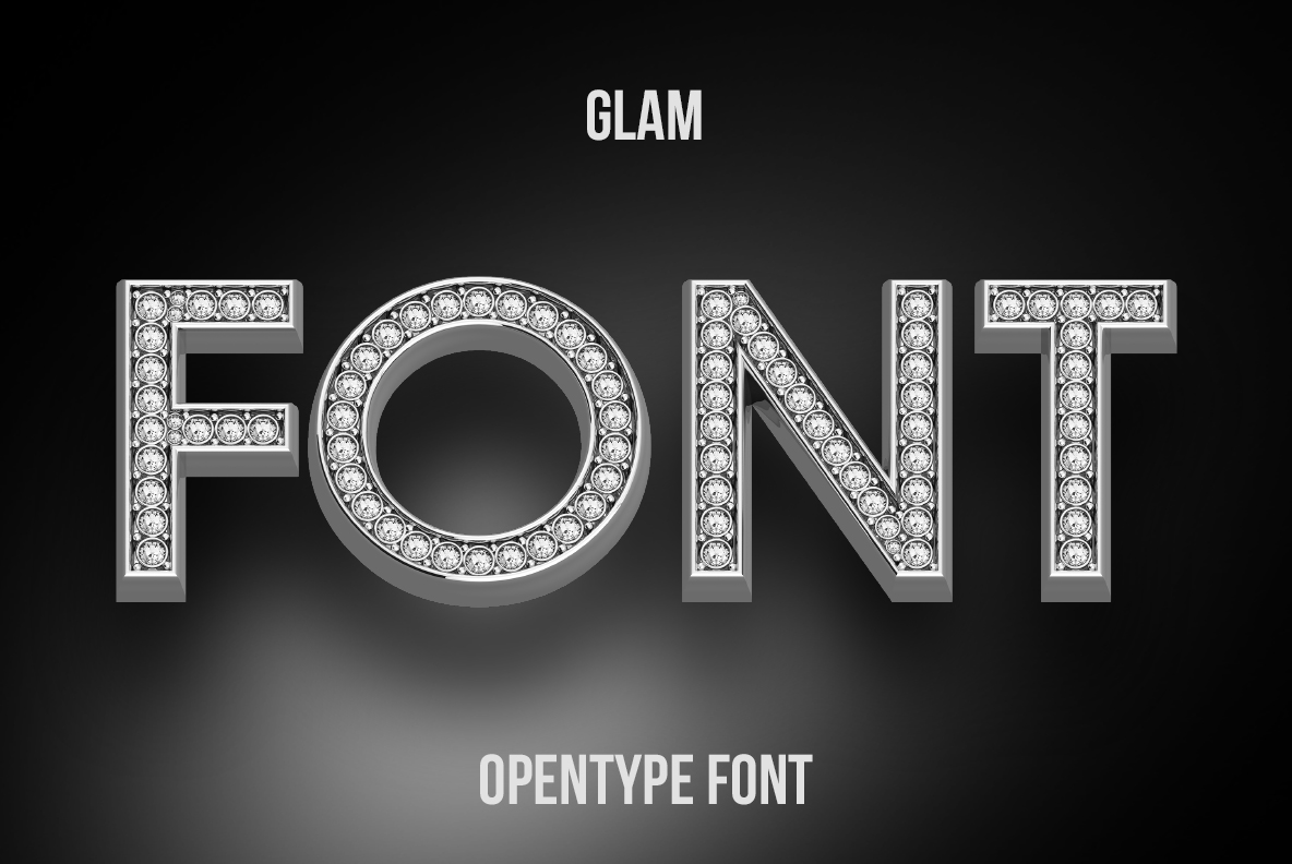 Glam Font title card Dark title card for the Glam Font with the word font set in silver and stones