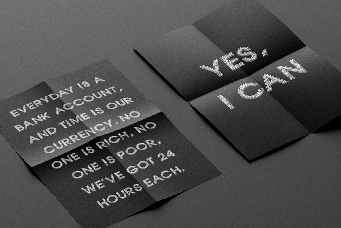 Glam Font card mockup Dark cards carrying short lines set in the Glam Font