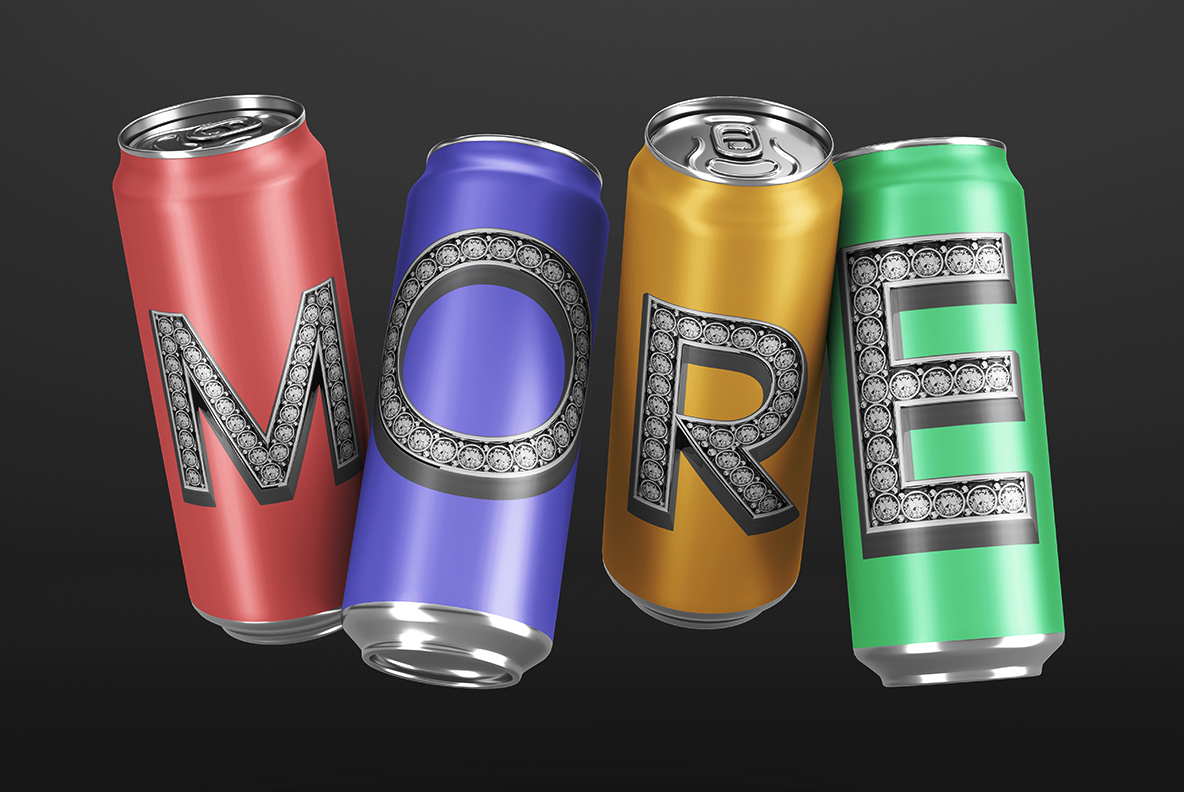 Glam Font can mockup Four coloured drink cans lettered with the Glam Font