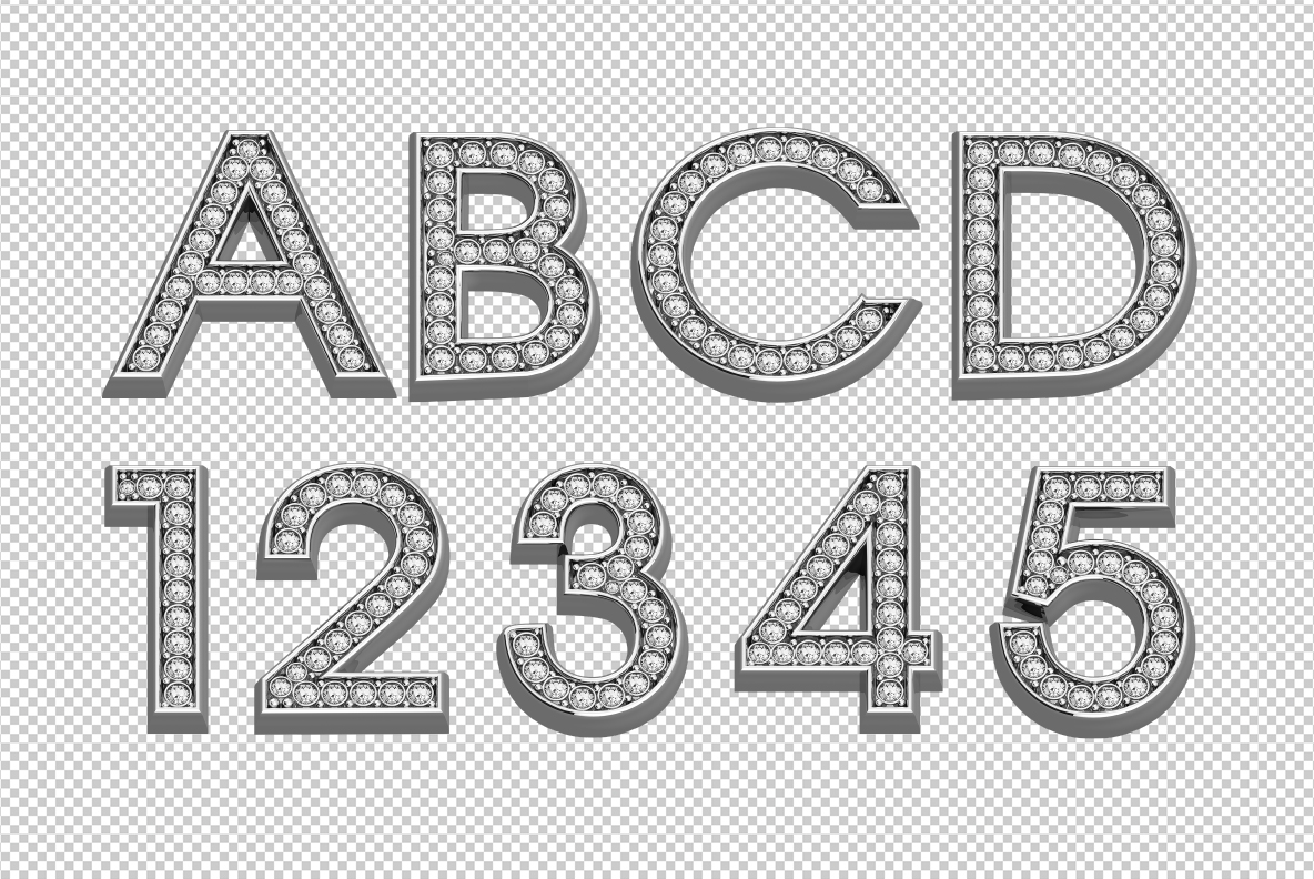Glam Font transparent PNG letters Letters A to D and figures one to five of the Glam Font on a transparent background