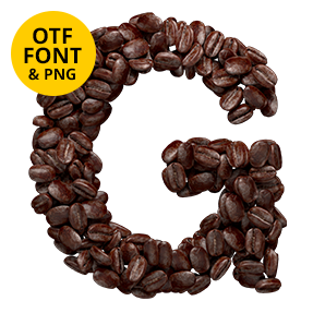 Letter G of the Coffee Beans Font on a light square with the OTF and PNG badge