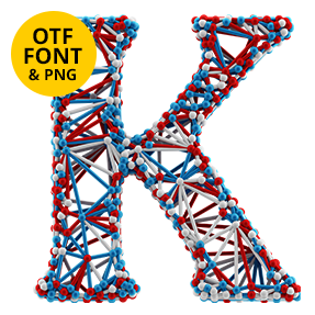 Ball-and-stick letter K of the Molecule Font on a light square with the OTF and PNG badge