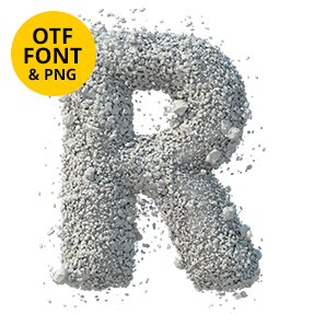 Letter R of the Stone Dust Font on a light square with the OTF and PNG badge