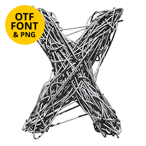 Tangled wire letter X of the Metallic Web Font on a light square with the OTF and PNG badge