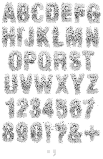 Full cracked alphabet and numerals of the Particle Rock Font on white
