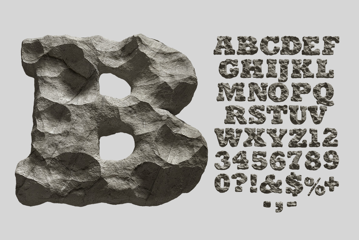 Rock Font Letter B and Full Alphabet Close-up of the 3D boulder letter B next to the full Rock Font alphabet