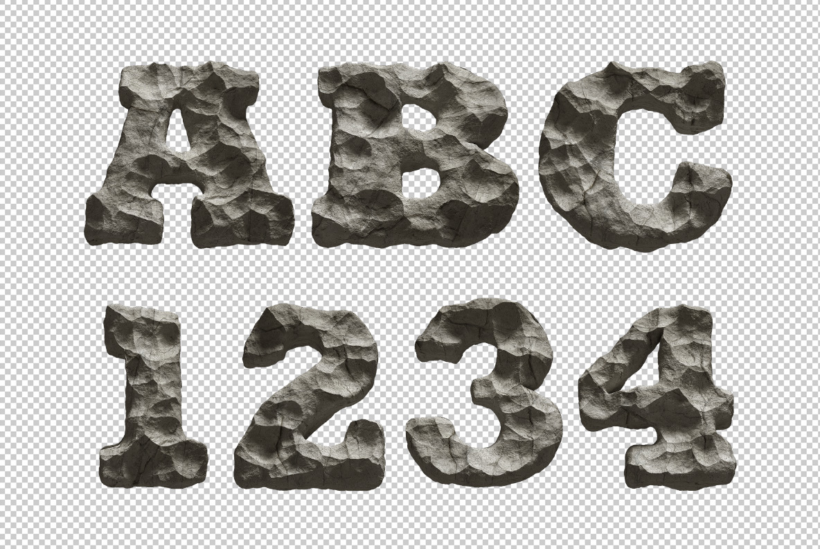 Rock Font Transparent Letters Transparent PNG letters A, B, C and numbers 1 to 4 in Rock Font boulder style