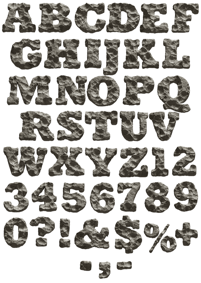 Grid showing the complete Rock Font alphabet in chunky 3D boulder letters