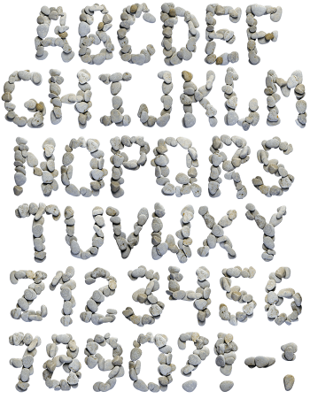 Complete SPA Stones Font character set of pebble capitals and numerals