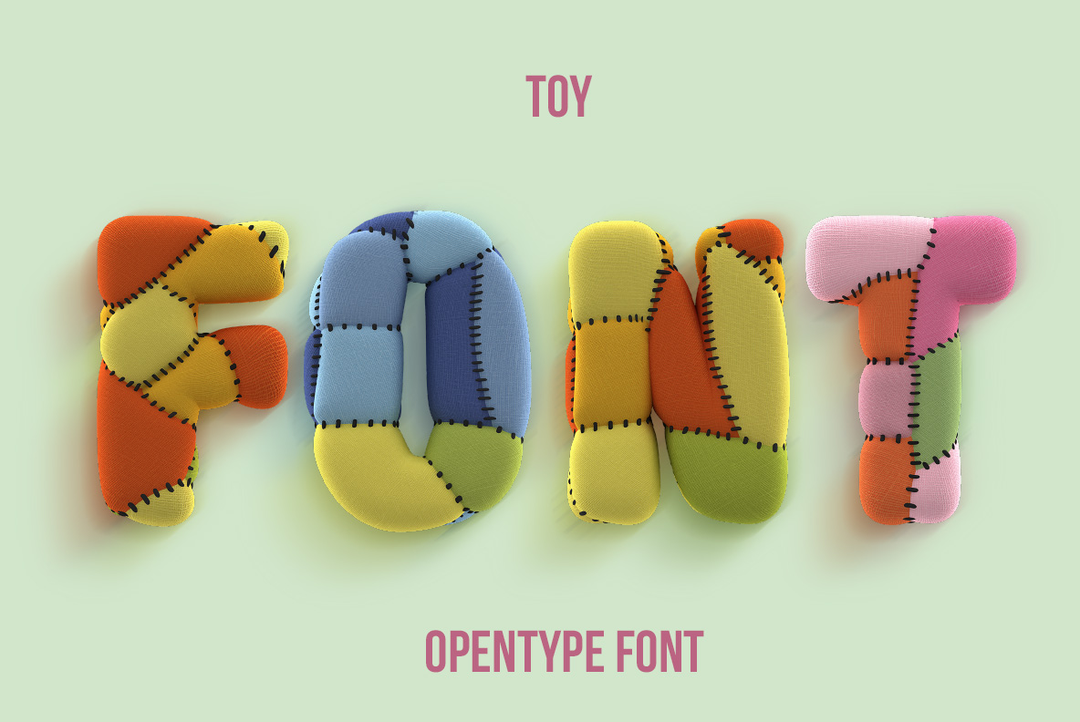 Cover image spelling the name of the Toy Font in padded patchwork letters on pale green