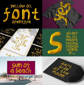 Six panel preview of the Oil Yellow Font showing poster, alphabet and mockups