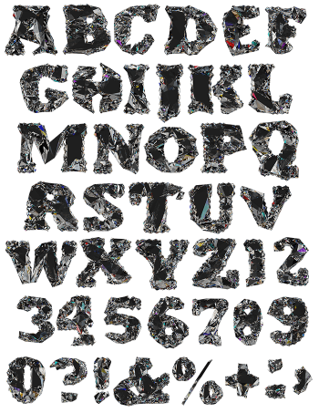 Complete alphabet, numerals and symbols of the Diamo Font in dark faceted crystal