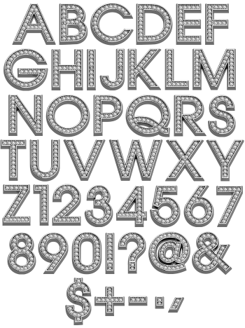 Full alphabet and numerals of the Glam Font in silver set with white stones