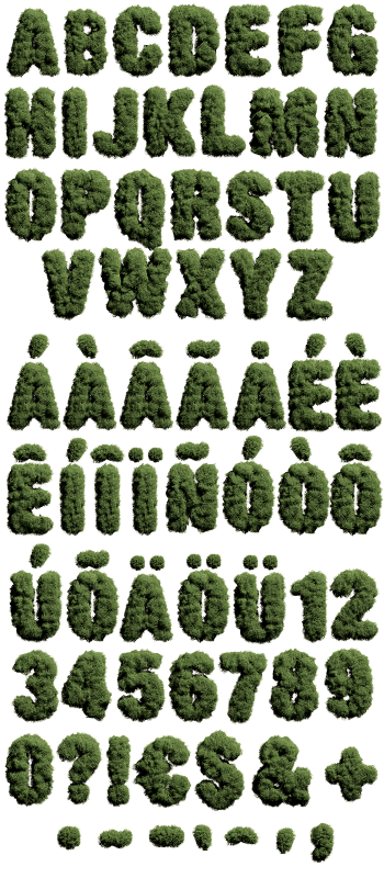 Full moss alphabet, accents and numerals of the Moss Font on white