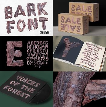 Grid of mockups showing the Bark Font on books, boxes and a notebook