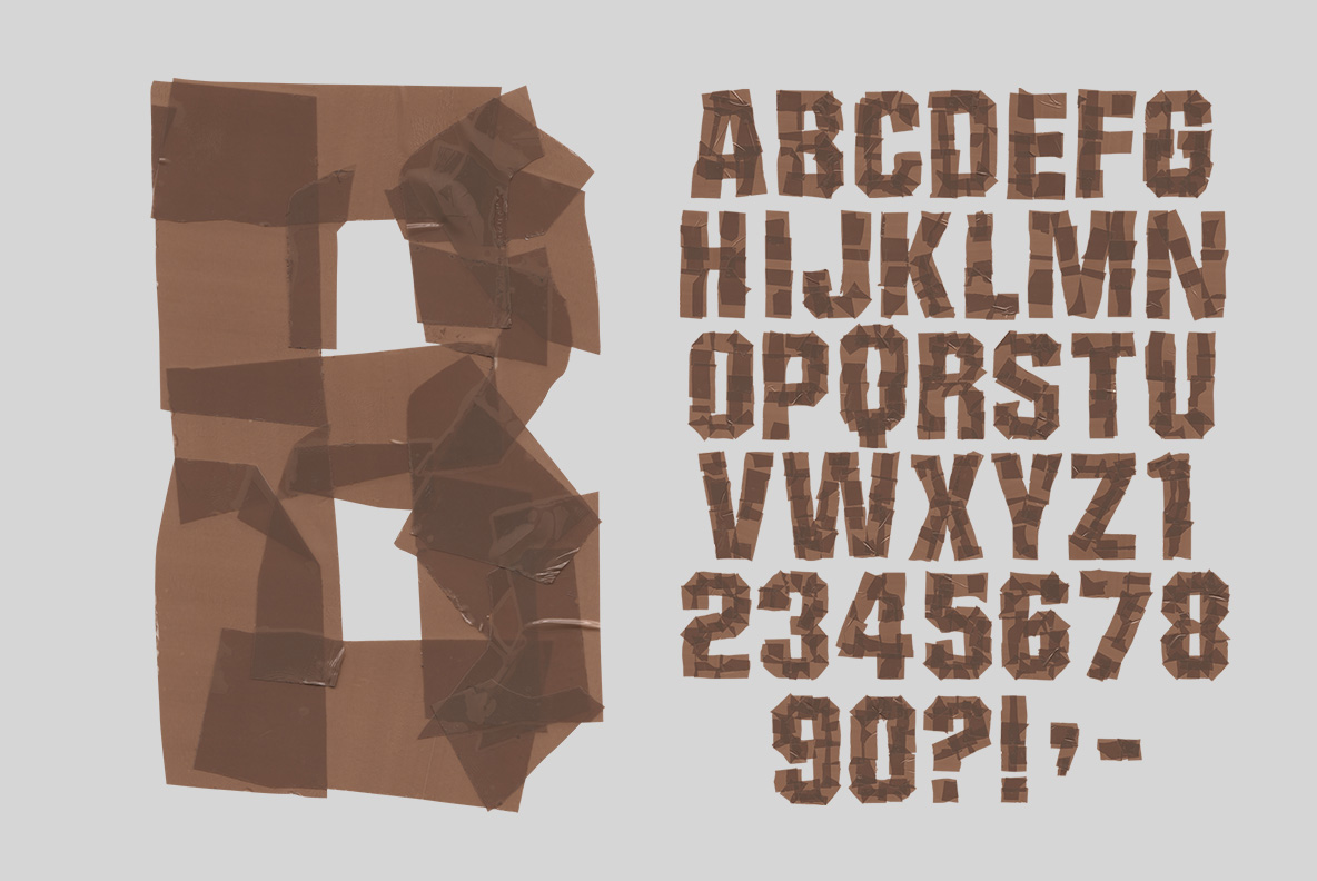 Brown Tape Font Letter B And Character Set Large letter B beside the full character set of the Brown Tape Font.