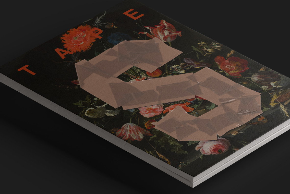 Brown Tape Font On A Floral Art Book Dark floral book cover with a large taped letter from the Brown Tape Font.