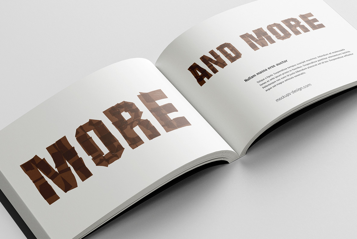 Brown Tape Font On A Magazine Spread Open magazine spread with two taped headlines in the Brown Tape Font.
