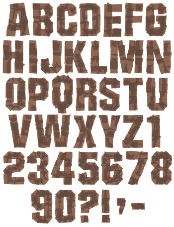 Complete alphabet and numerals of the Brown Tape Font on a transparent background.