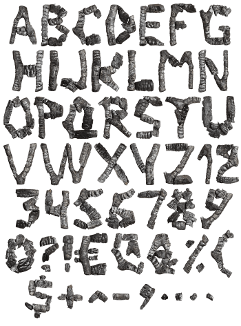 Full character set of the Coal Font stacked from charred chunks