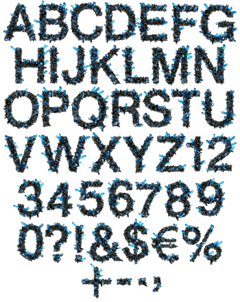 Complete alphabet, numerals and symbols of the Crystal Field Font in blue mineral clusters