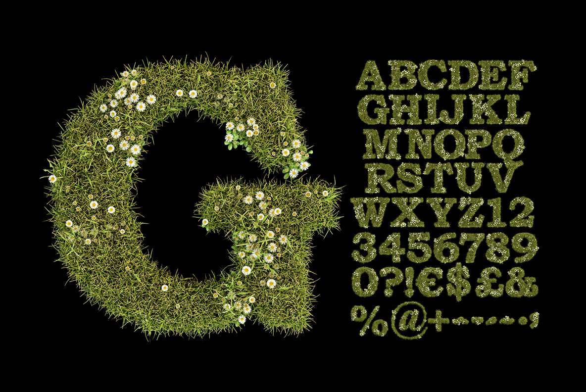 Capital G beside the full alphabet of the Daisy Font on black