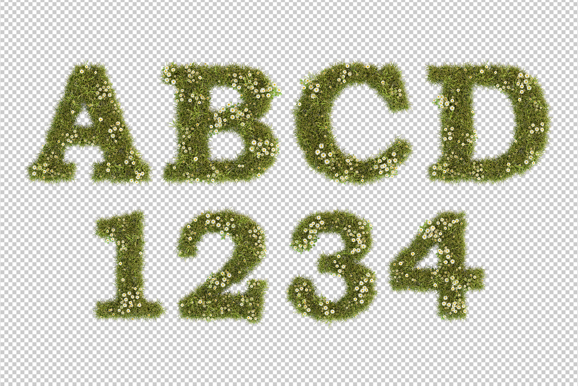 Letters A to D and figures one to four of the Daisy Font on a transparent background