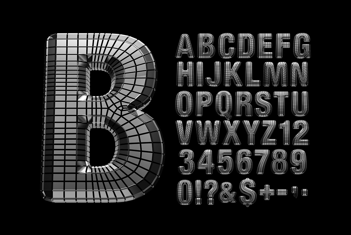 Capital B beside the full alphabet of the Discoball Font on black