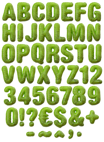 Complete alphabet, numerals and symbols of the Dragon Skin Font in green reptile scales