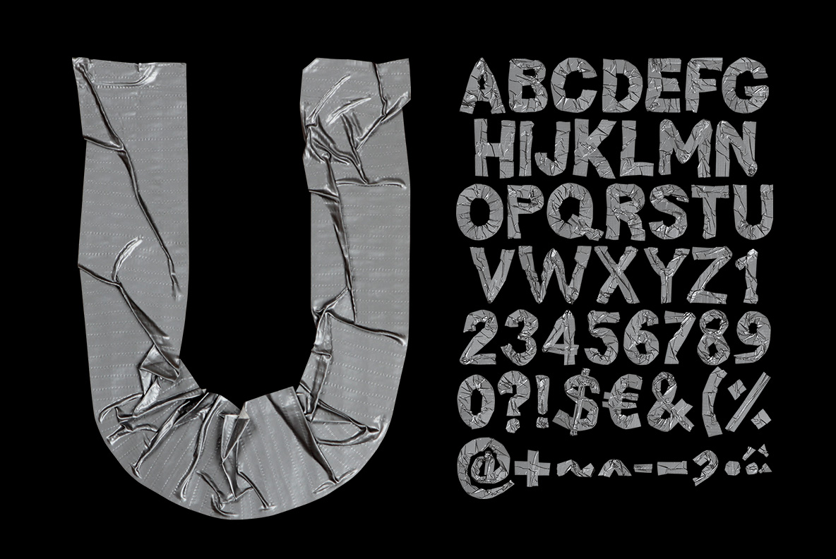 Letter U of the Duct Tape Font beside the full alphabet, numerals and symbols on black