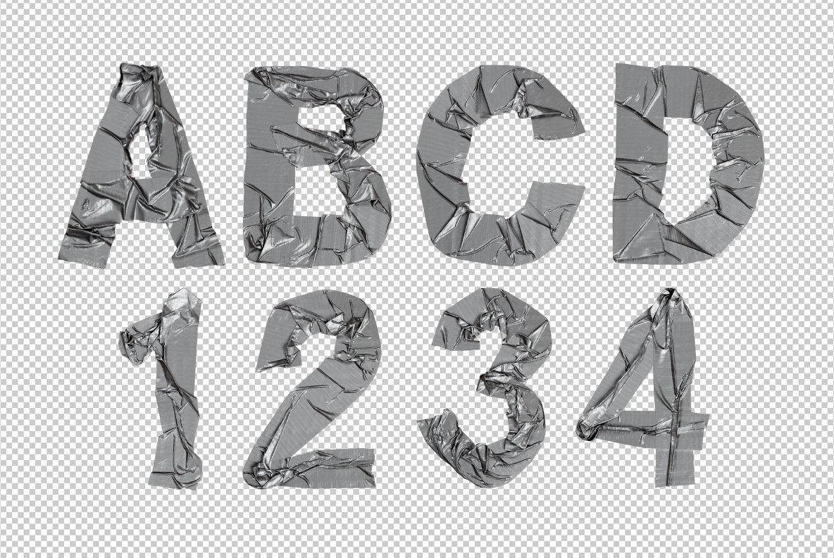 Letters A to D and digits of the Duct Tape Font on a transparent checkered background