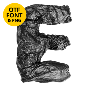Letter E of the Garbage Pack Font on a light square with the OTF and PNG badge