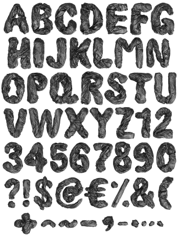 Complete alphabet, numerals and symbols of the Garbage Pack Font in crumpled black plastic