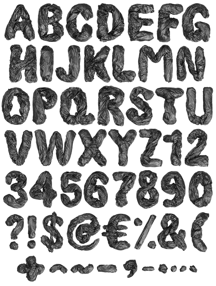 Complete alphabet, numerals and symbols of the Garbage Pack Font in crumpled black plastic