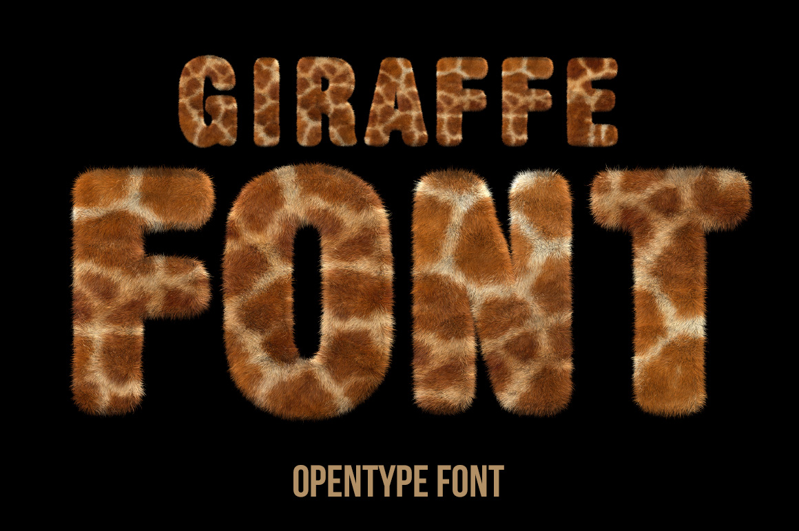 Giraffe Font – Furry FONT OpenType Cover on Black Giraffe Font cover with large furry FONT letters, a smaller GIRAFFE heading and OpenType Font label on black.