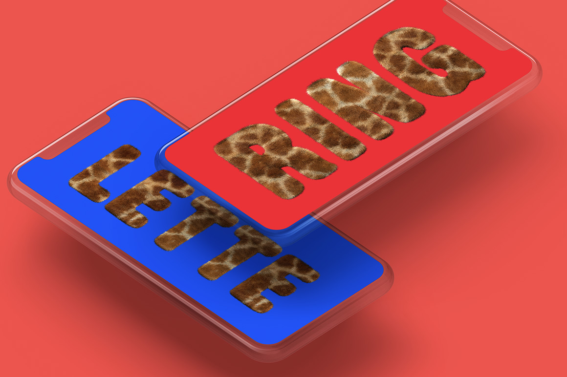 Giraffe Font – RING and LITTLE Smartphone Mockup Giraffe Font spelling RING and LITTLE in spotted furry letters across two overlapping smartphone screens.