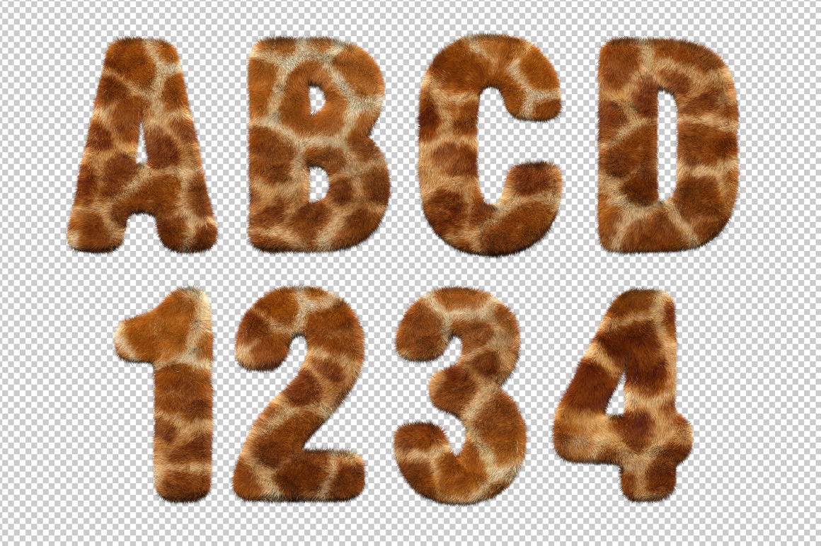 Giraffe Font – Furry ABCD and 1234 Character Preview Giraffe Font character preview showing furry giraffe-pattern letters ABCD and numbers 1234 on a transparent background.