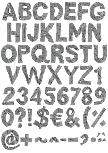 Complete alphabet, numerals and symbols of the Duct Tape Font in blistered silver tape