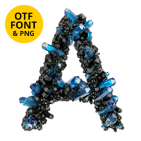 Letter A of the Crystal Field Font on a dark square with the OTF and PNG badge