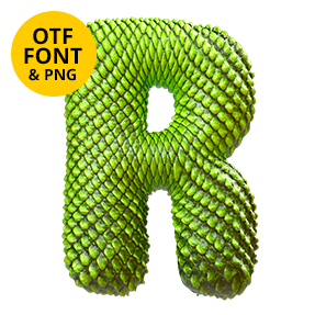 Letter R of the Dragon Skin Font on a light square with the OTF and PNG badge