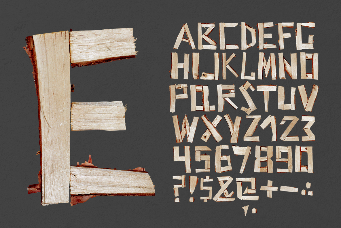 Log Font alphabet chart Letter E beside the full alphabet and numerals of the Log Font on a dark ground