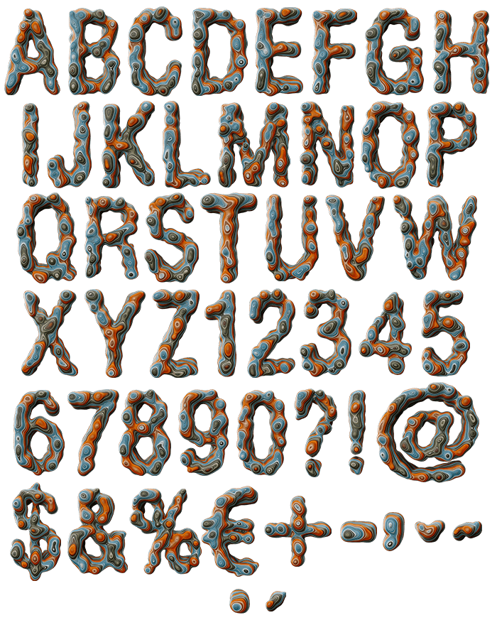 Full banded alphabet and numerals of the Metamorph Font on white