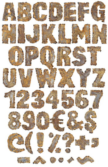 Complete Rusty Metal Font character set of corroded capitals, numerals and punctuation