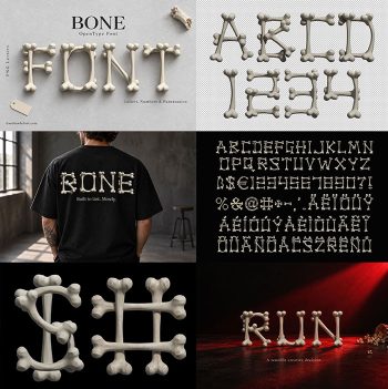 Preview collage of the Bone Font with the cover, the character set, a black tee and the RUN scene