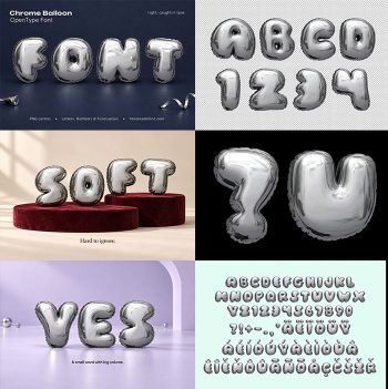 Six-panel preview of the Chrome Balloon Font showing the word FONT, the alphabet and three scenes